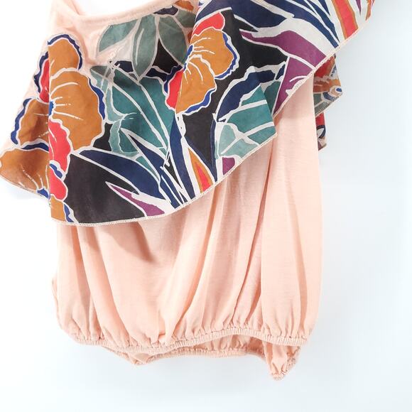 Free People Boho Annka Linen Floral Botanical One Shoulder Flutter SleeveTank S - Picture 10 of 10